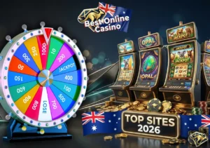 3D render of luxury Australian slot machines in a glowing casino.