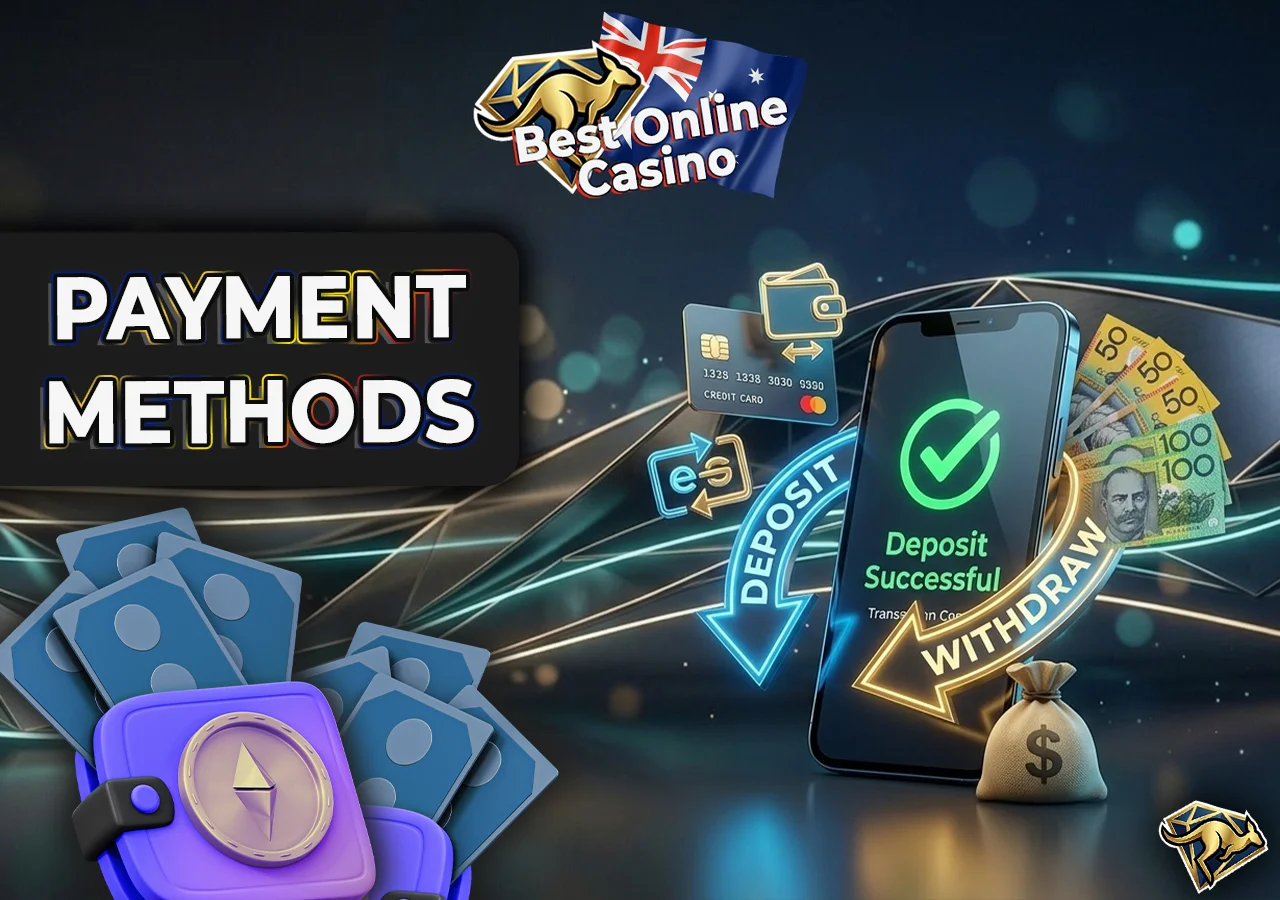 Digital payment icons, credit cards, Australian currency, and transaction status.
