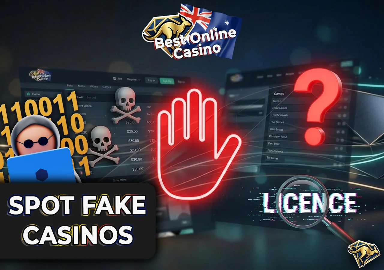 A suspicious website screen with a large red warning hand and magnifying glass.