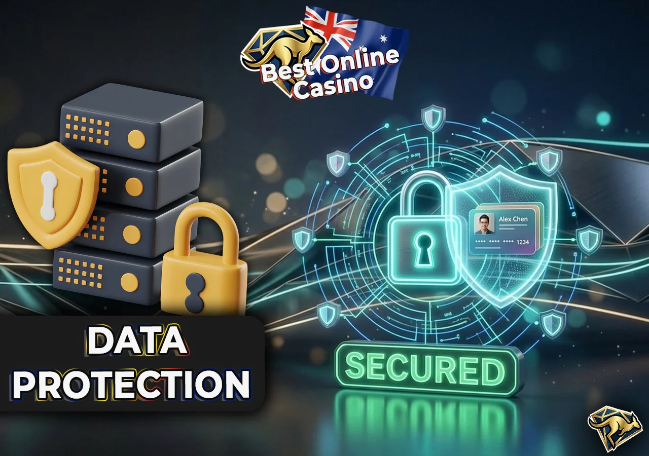 Cyber security network hub with glowing padlock and data encryption lines.
