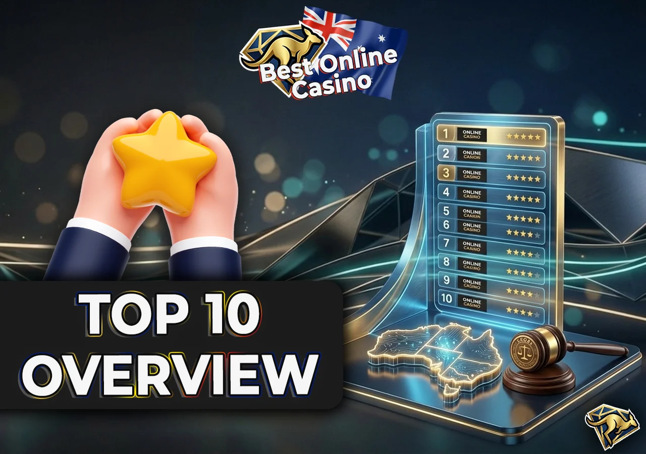 Modern 3D digital leaderboard showing the top 10 ranked casinos.