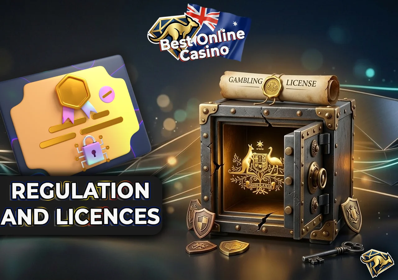 Official Australian government seal and a casino license certificate in gold.